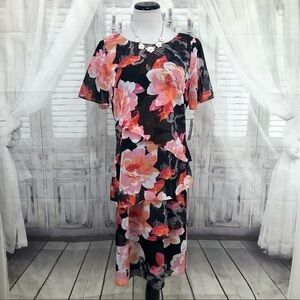 Ignite Evenings Size 10 Black Pink Floral Short Sleeve Flutter Layered Dress
